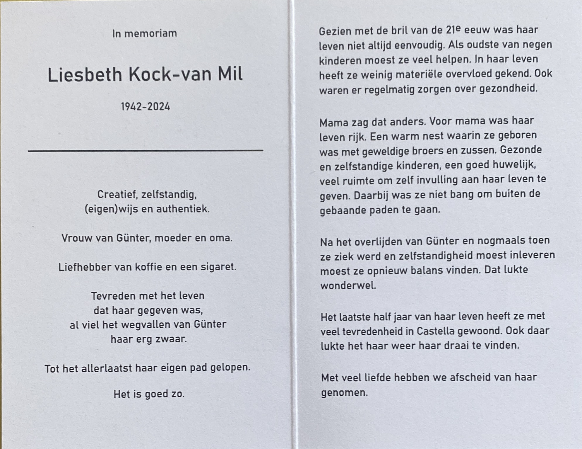 Binnenzijde bidprentje Liesbeth Kock - van Mil