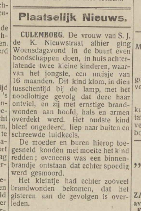 Bericht Culemborgse Courant 14-3-1014 over brand in de Nieuwstraat