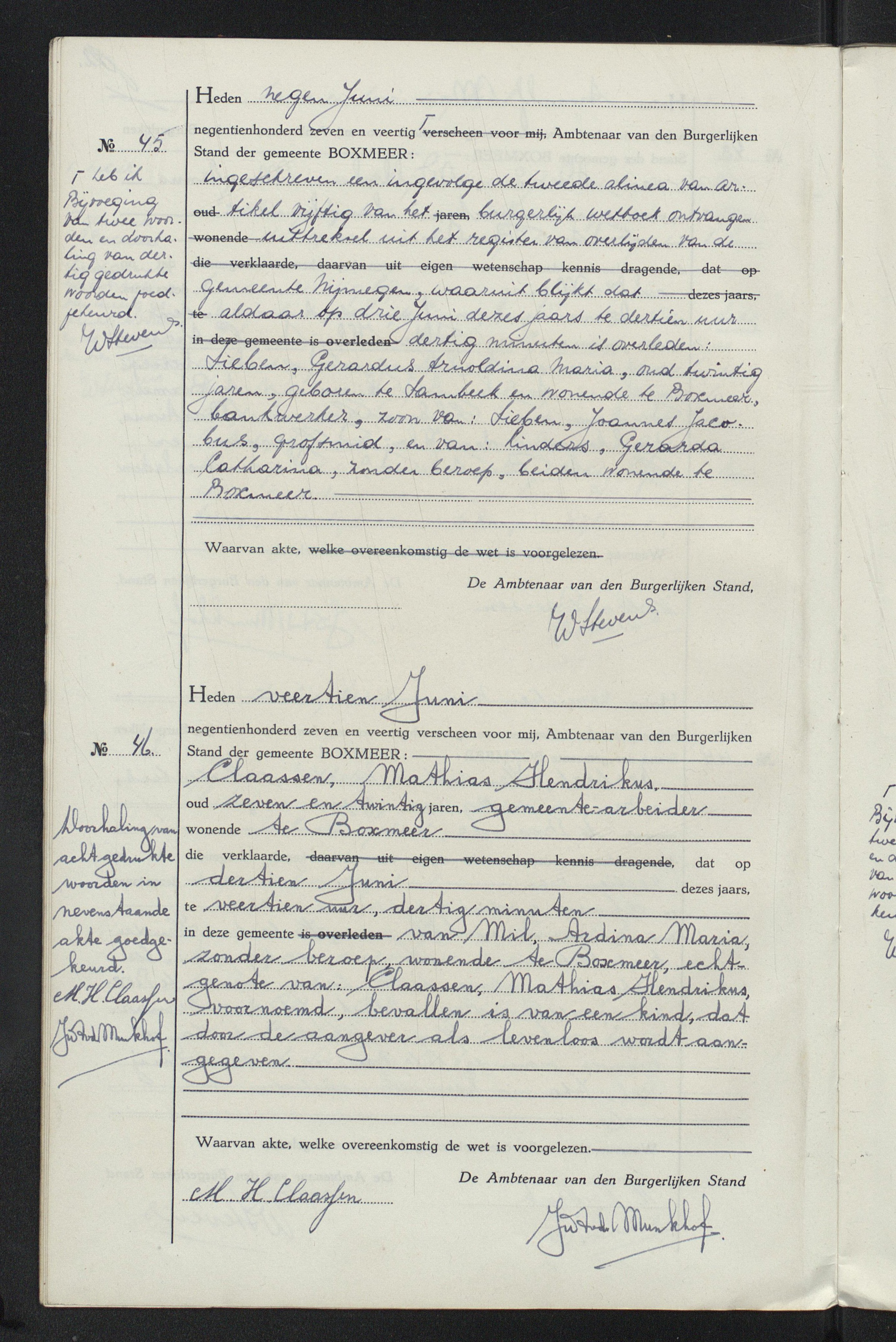 Geboorteakte N.N. Claassen, 13 juni 1947