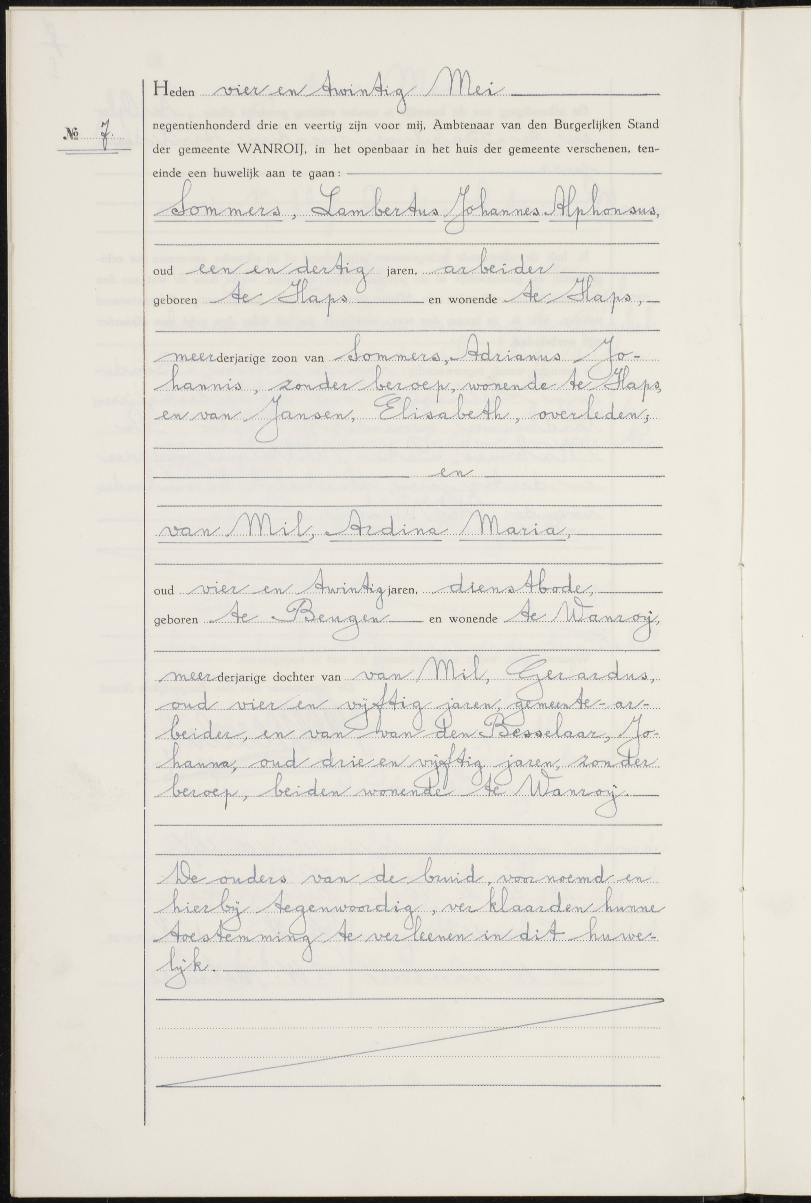 Huwelijksakte Sommers - van Mil, 24 mei 1943